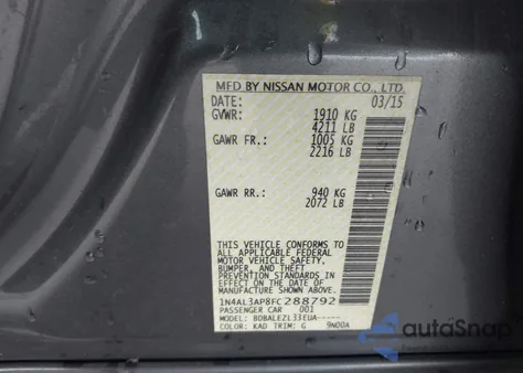 2015 Nissan Altima 2.5/2.5 S/2.5 Sl/2.5 Sv z USA, uszkodzony, nr VIN 1N4AL3AP8FC288792